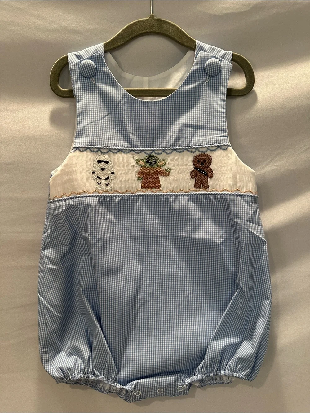 Blue Gingham Baby Romper with Character Smocking Star Wars